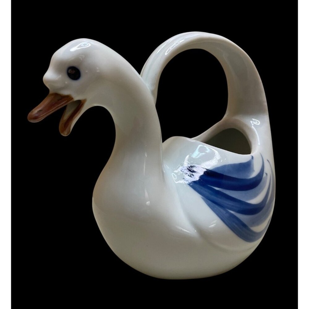 Small Vintage Takahashi Blue Ware Porcelain Swan/Goose Planter, Watering, Vase